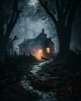 halloween läskigt skrämmande gammal hus i dimma. Skräck halloween begrepp. foto