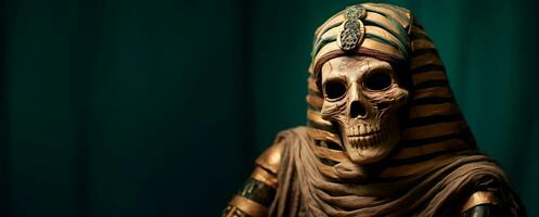 gammal farao skelett på en mörk grön bakgrund. halloween bild med kopia Plats. generativ ai foto