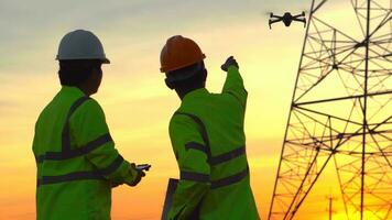 silhuett av ingenjör lag ser diskuterar planen. två ingenjör stående på fält med elektricitet torn på solnedgång. foto