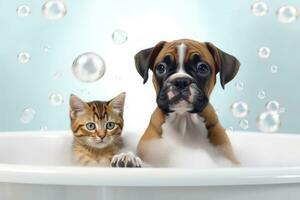 söt bebis kattunge och boxare valp tar en bubbla bad, generativ ai foto