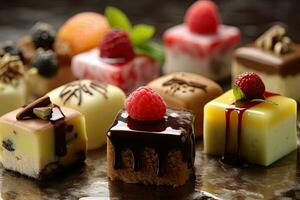 desserter Inklusive choklad, hallon, generativ ai foto