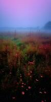 dyster äng, en mörk och förebud äng landskap med en tjock och färgrik dimma ai genererad foto