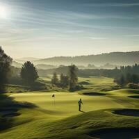 erfarenhet av golf mitt i de omfattande vidd av natur och vackert belyst landskap ai generativ foto