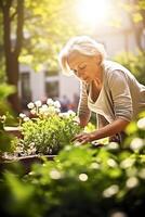 lugn vår scen av en medelålders kvinna vårda henne blomstrande trädgård ai generativ foto