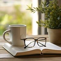 mysigt morgon- fortfarande liv terar en vit kaffe mugg, glasögon, och ett öppen bok på en rustik trä- tabell ai generativ foto