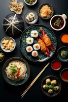 topp se av en enkel asiatisk måltid Ramen klimpar och sushi illustrerar olika smaker ai generativ foto