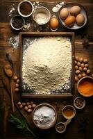 top-down se av rå kaka deg och bakning Ingredienser fångande de glädje av bakning ai generativ foto