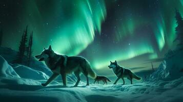 overkligt bild av en packa av vargar i en vinter- sagoland under de dans nordlig lampor ai generativ foto