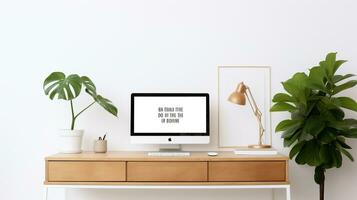 minimalistisk och modern Hem kontor uppstart terar en elegant trä- skrivbord och inspirera vägg Citat ai generativ foto