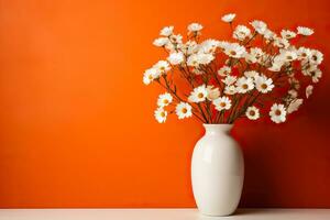 vit blommor i en vit vas med kopia Plats på ett orange bakgrund foto