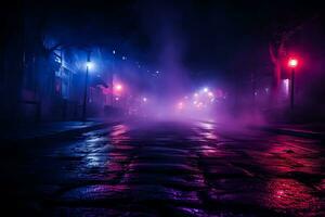 mörk tömma gata med neon lampor spotlights och rök flytande upp skapande ett atmosfärisk natt se foto