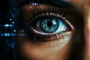 stänga upp av kvinna ögon med fotorealistisk biometri öga läser in trogen digital cyber teknologi och färgrik ansiktsbehandling igenkännande på mörk bakgrund foto