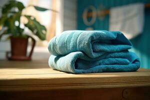handduk på en trä- bänk på de tvätt rum foto