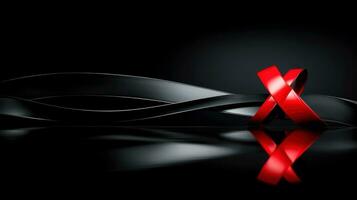 röd band på mörk bakgrund, värld AIDS dag, begrepp av portion de där i behöver, generativ ai illustration foto