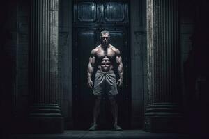 extrem kroppsbyggare som visar hans muskler. enorm idrottare demonstrera kraft. genererad ai. foto