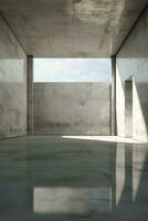 ett ai-genererad illustration av ett tömma rum med betong väggar en grå golv och mjuk takfönster foto