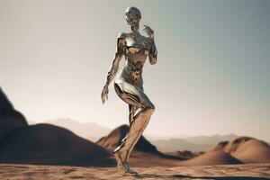 krom robot kvinna dans i de öken. artificiell intelligens stiga och skinande. mekanisk skönhet. genererad ai. foto