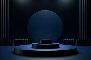 mörk blå piedestal i svart rum med geometrisk former. podium för produkt monter. genererad ai. foto