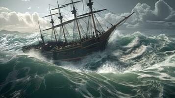 fartyg i de stormig hav med enorm vågor. jätte stormig vågor i de hav och båt. genererad ai. foto