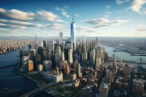 antenn se av ny york stad horisont med skyskrapor. antenn visningar av de stadens centrum manhattan horisont, ai genererad foto