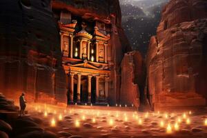 al khazneh tempel i petra, jordan. 3d tolkning, al khazneh i petra, jordan på natt, ai genererad foto