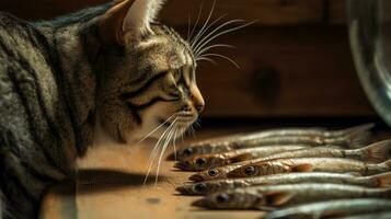 söt katt tittar på de fisk. rolig kattunge sniffa de fisk. genererad ai. foto