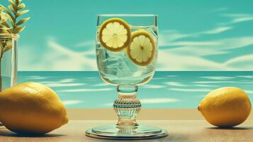glas med citron- vatten i de sand av de strand. semester scen med citronsaft glas på de Strand linje. generativ ai foto
