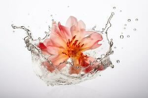 blomma i stänk vatten. blommig friskhet begrepp med vatten droppar för kosmetisk, fukt och egenvård förpackning. genererad ai. foto