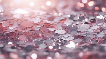 abstrakt skinande bakgrund med rosa glitter. spridd konfetti pärlar med ljus reste sig pastell Färg. genererad ai. foto