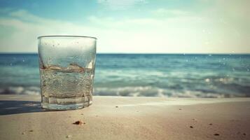 glas med vatten i de sand av de strand. semester scen med glas på de Strand linje. generativ ai foto