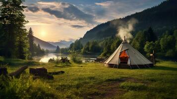 generativ ai, camping utomhus- begrepp nära de sjö eller flod, turist läger på de skön grön landskap med bergen foto