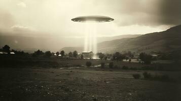 generativ ai, UFO över de italiensk landskap årgång Foto, utlänningar vittnen retro 1930 stil fotografi foto