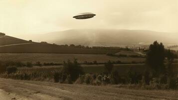 generativ ai, UFO över de italiensk landskap årgång Foto, utlänningar vittnen retro 1930 stil fotografi foto