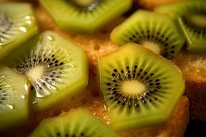 Kiwi frukt rostat bröd, makro skott av en färsk frukost med droppande honung, ai genererad foto