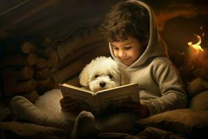 pojke med bichon frysa hund läsning innan sova. generera ai foto