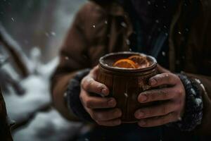 funderade vin vinter- händer drycker. generera ai foto