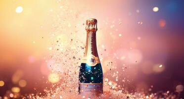 glitter bakgrund med champagne flaska foto