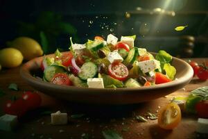 grekisk sallad flygande Ingredienser kreativ dramatisk ljus generativ ai foto