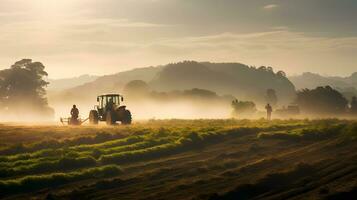 traktor plöjning de fält på soluppgång. traktor framställning landa för sådd foto