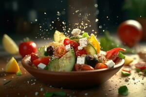 grekisk sallad flygande Ingredienser kreativ dramatisk ljus generativ ai foto