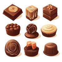 choklad godis uppsättning, annorlunda typer av bonbons. illustration av godis på en vit bakgrund i tecknad serie stil. foto