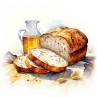 vit bröd på en trä- tabell. skivor av bröd och vete på en vit bakgrund. vattenfärg illustration. foto