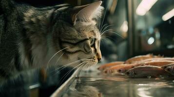 söt katt tittar på de fisk. rolig kattunge sniffa de fisk. genererad ai. foto