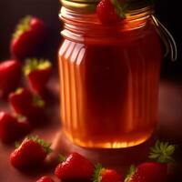 honung i en glas burk med färsk jordgubbar runt om illustration foto