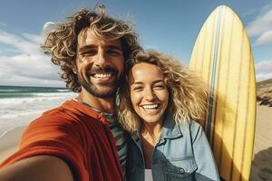 surfare par selfie på de strand ai genererad foto