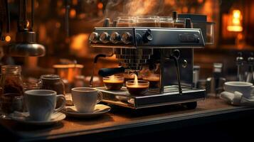 Foto av kaffe tillverkare maskin på Barista tabell i mysigt caffe