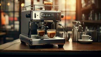 Foto av kaffe tillverkare maskin på Barista tabell i mysigt caffe