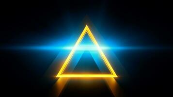 Häftigt blå geometrisk triangel- figur bakgrund med en gul neon laser ljus foto