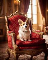 corgy hund på de kungens tron ai genererad foto