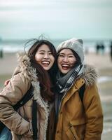 kvinna bäst vän i vinter- klänning på de strand ai genererad foto